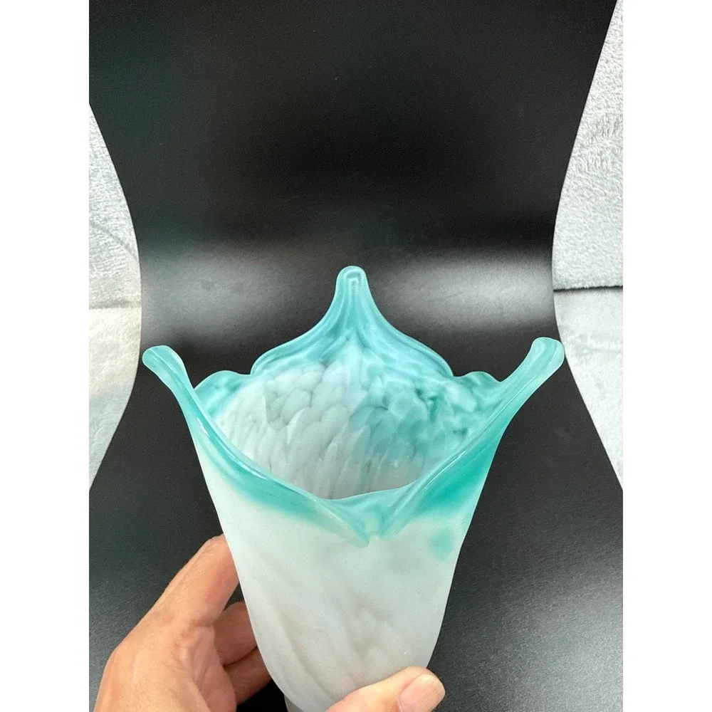 2 Frosted Glass Lamp Shades Turquoise Teal/Cyan White Ombre Handkerchief Ruffled